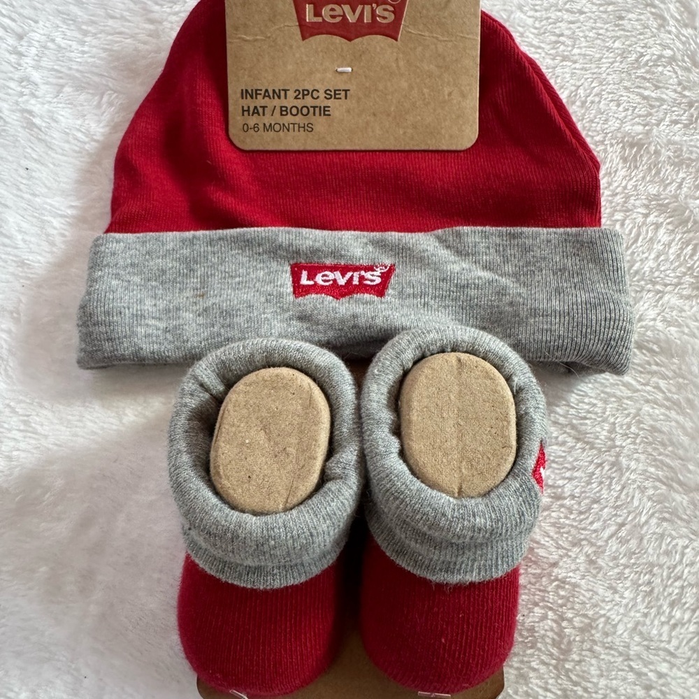 Levi's Red and Gray Infant Hat and Bootie Set